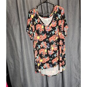 LuLaRoe Floral Tunic Top V Neck Short Sleeve‎ Casual Blouse 2XL